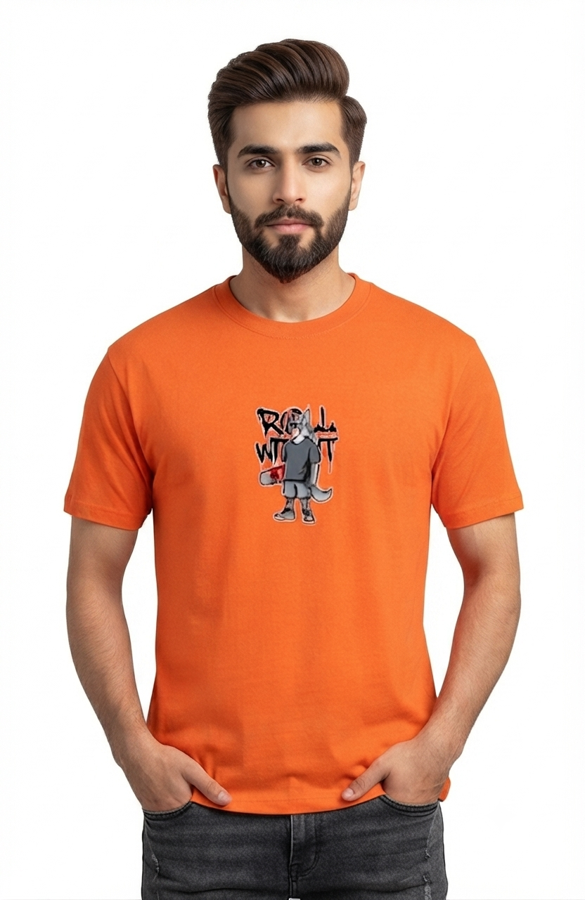 B Elite Streetwear Collection – Roll With It Skater Wolf Orange T-Shirt