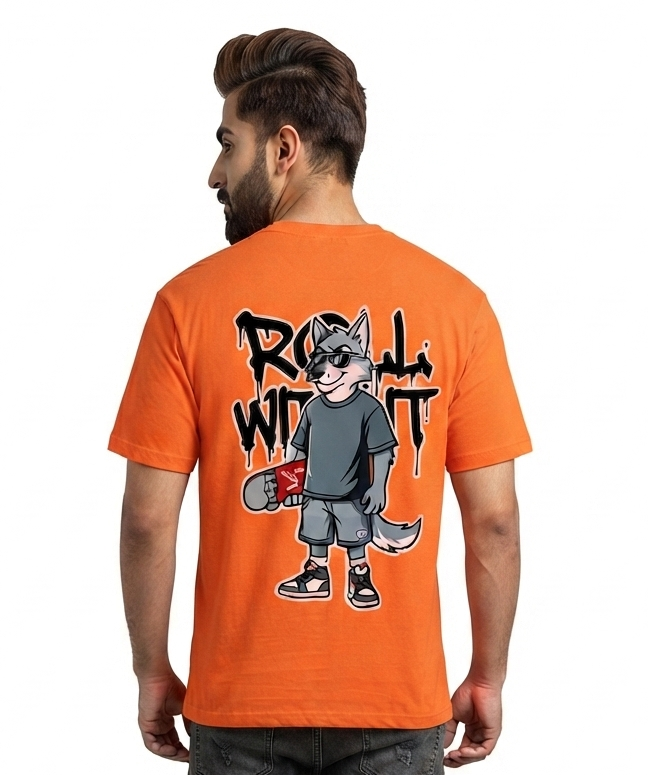 B Elite Streetwear Collection – Roll With It Skater Wolf Orange T-Shirt