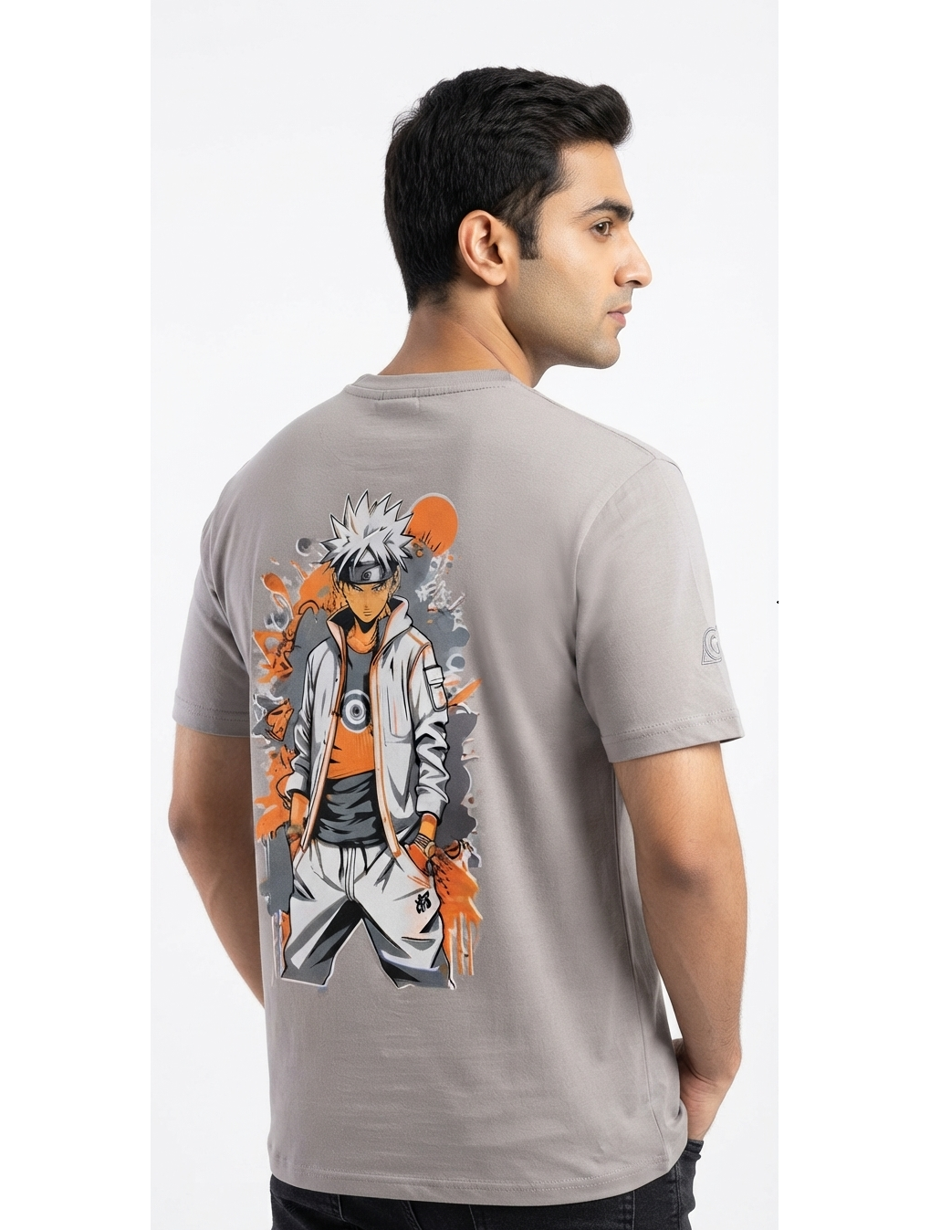 B Elite Men's Grey Anime Back Print T-Shirt