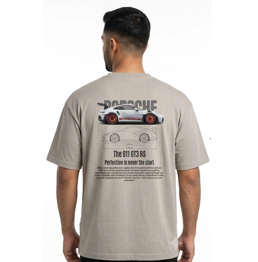 B ELITE Men's Porsche 911 GT3 RS Graphic T-Shirt - Stone Gray Drop Shoulder Jersey Cotton Tee